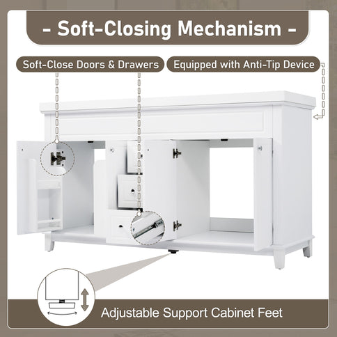 Bathroom Vanity With Double Sinks, 3 Drawers & 4 Doors, Soft Close, All Open Back Design - White