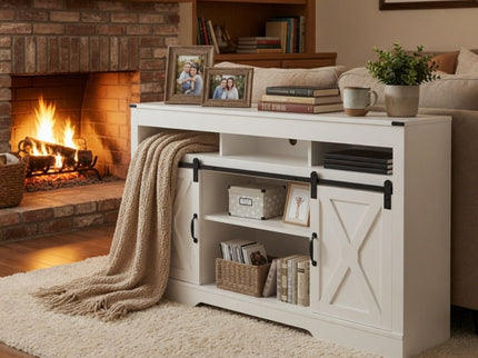 Farmhouse TV Stand With Sliding Barn Doors & Adjustable Storage