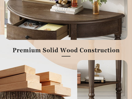 Half Moon Console Table With Drawer & Shelf For Living Room - Walnut