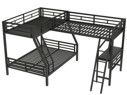 Twin Over Full Bunk Bed With Loft And Desk, L-Shaped Design For 3 Sleepers - Black