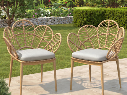 Kirk - Outdoor Wicker Peacock Shape Papasan Style Chair, Teak Finished Leg (Set of 2) - Beige / Light Brown / Light Teak