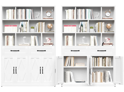 Bookcase Tall With 2 Doors & 2 Drawers, Fixed Open Shelves - White