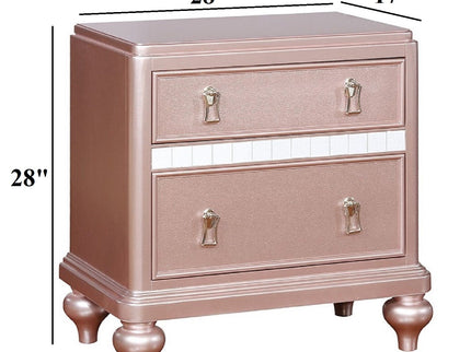 Nightstand With Mirror Accent Panels, 2 Drawer Design - Rose Gold