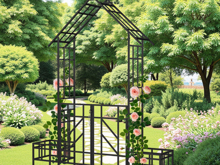 Garden Arch With Gate With Planter, Climbing Plants Support Outdoor - Black