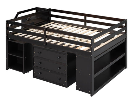 Loft Bed With Retractable Writing Desk And 3 Drawers With Storage Stairs And Shelves