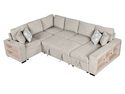 U-Shaped Sectional Sofa Pull-Out Sofa Bed With Two USB Ports, A Storage Chaise Lounge And Four Back Pillows For Living Room