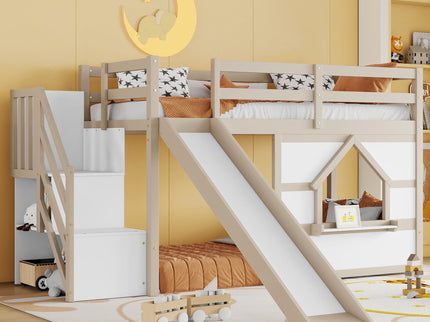 Loft Bed With Storage Stairs, Slide, Playhouse Window And 7 Colors LED Lights