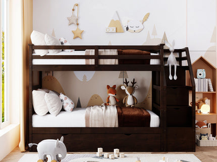 Twin Over Twin Bunk Bed With Twin Size Trundle And 3 Storage Stairs - Espresso