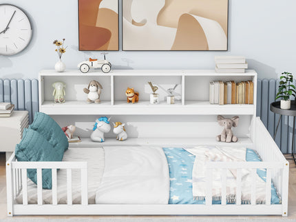 Floor Bed With Side Bookcase, Shelves, Guardrails