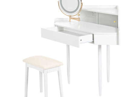 Modern Corner Makeup Vanity Desk With Large Storage, LED Mirror & Stool, Adjustable Brightness, Space Saving - White