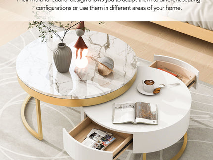 Round Nesting Coffee Table With Drawers - Golden / White