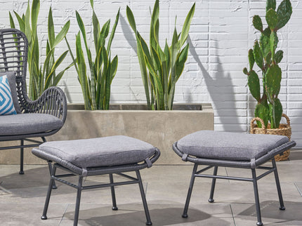 Outdoor Modern Boho Wicker Ottoman With Cushions (Set of 2)