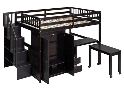 Loft Bed With Stairs, Bookshelf, Drawers, Desk & Wardrobe, Space Saving Multifunctional Furniture