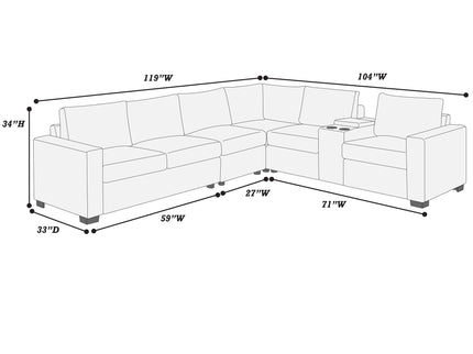 Modern Style L-Shape Sectional Set, USB Ports, Cup Holder