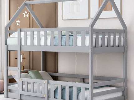 Twin Over Twin House Bunk Bed With Fence And Door