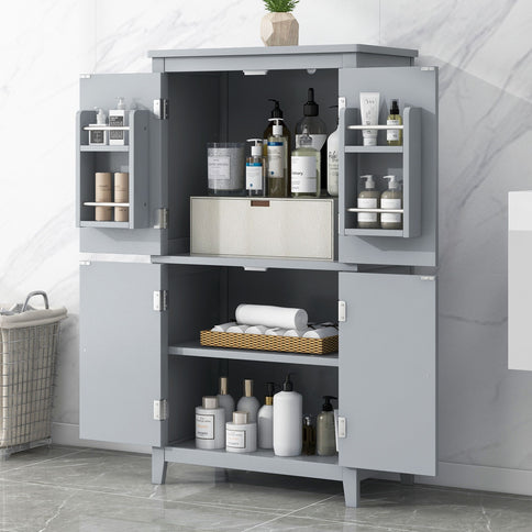 Elegant Bathroom Floor Storage Cabinet With 4 Doors, Adjustable Shelves