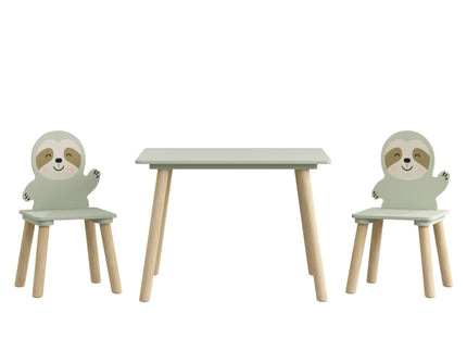 Sloth Themed Table And Chair Set With 2 Cute Animal Chairs - Natural Wood / Sage Green