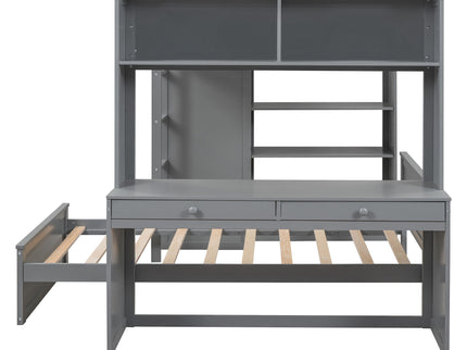 Loft Bed With A Twin Size Standalone Bed, Shelves, Desk, And Wardrobe