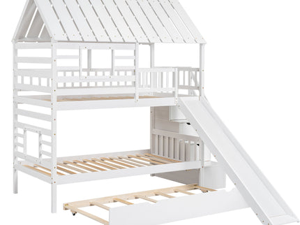 House Bunk Bed With Trundle, Storage Staircase, Roof And Window Design