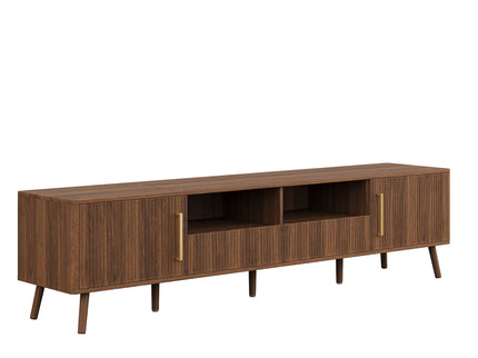 78" TV Stand For 85" TVs With Fluted Doors, Open Shelf, Cable Management - Walnut