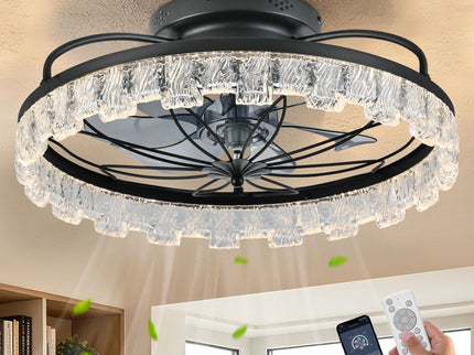 Ceiling Fan With Light, Flower Caged Ceiling Fan With Remote, LED Low Profile Ceiling Light - Matte Black