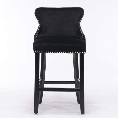 Contemporary Upholstered Wing-Back Barstools With Button Tufted Decoration And Wooden Legs, And Nailhead Trim, Leisure Style Bar Chairs, Bar Stools (Set of 2)