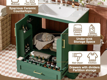 Bathroom Vanity With Sink, 1 Divided Drawer And 2 Soft Close Doors With Double Shelf