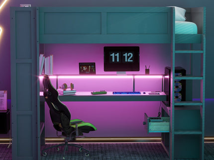 Gaming Loft Bed With Desk, Multi Storage Shelves, LED And Charging Station