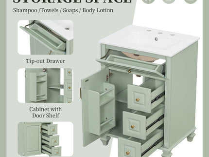 Freestanding Bathroom Vanity With Sink, 3 Drawers & Flip-Out Drawer