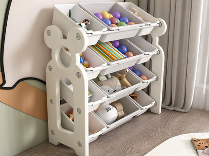 Multi Functional Kids Toy Storage Organizer Cabinet With Hdpe Shelf And 12 Bins - Gray White