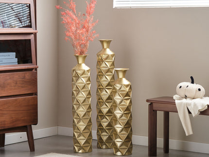 Metal Decorative Vase High Distress Metal Center Vase With 3D Triangle Pattern, (Set of 3) Vases For Home Decoration - Gold