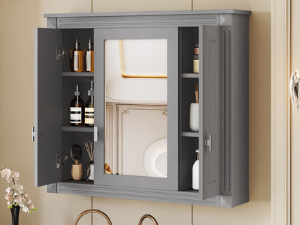 Wall Mounted Bathroom Cabinet With Mirror And 4 Shelves, Rectangular Design - Gray