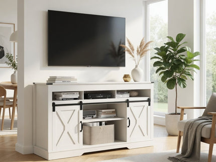Farmhouse TV Stand With Sliding Barn Doors & Adjustable Storage