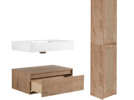 Modern Imitative Wall Mounted Bathroom Vanity With Resin Sink & 2 Side Cabinet, Soft Close Drawer - Imitative Oak