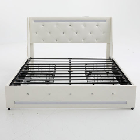Wingback Upholstered Bed Frame With LED Lights, Charging Station