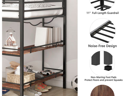 Adam - Twin Loft Bunk Bed With Cinnamon Wood Shelf - Black