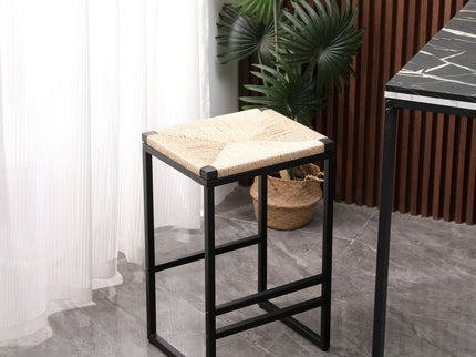 Boho Style Backless Bar Stools (Set of 2) With Paper Rope Woven Seat & Metal Frame For Kitchen Counter
