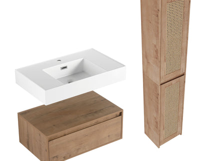Modern Imitative Wall Mounted Bathroom Vanity With Resin Sink & 2 Side Cabinet, Soft Close Drawer - Imitative Oak