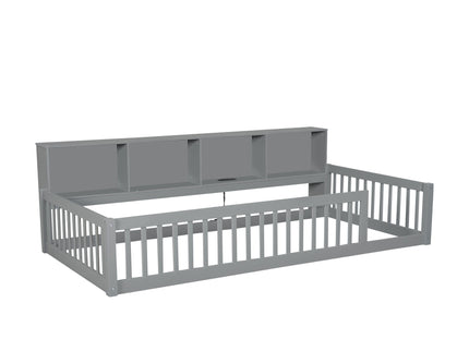Twin Long Floor Bed With Storage Cabinets And USB Ports - Gray
