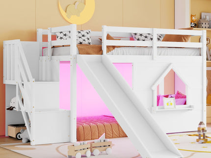 Loft Bed With Storage Stairs, Slide, Playhouse Window And 7 Colors LED Lights
