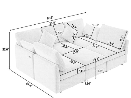 Sectional Sofa Modular U-Shaped With Ottoman & USB Ports