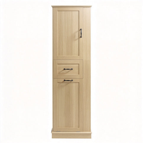 Tall Storage Cabinet With Tilt Out Compartment, Adjustable Shelves, Soft Close Hinges - Natural