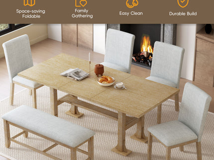 Topmax - 6 Piece Farmhouse Extendable Dining Table Set Trestle Kitchen Table Set With Removable Leaf And Upholstered Dining Chair And Bench For Dining Room