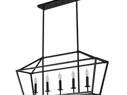 5 Light Farmhouse Kitchen Island Lighting, 5 Light Industrial Linear Chandelier For Dining Room Metal Hanging Pendant Light Fixture For Bedroom Living Room Hallway Conference Room - Matte Black