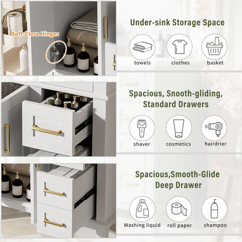 Modern Bathroom Vanity With Sink, Storage Cabinet, Soft Close Doors, Deep & Standard Drawers