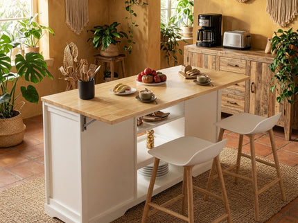 Drop Leaf Kitchen Island With Storage, Power Outlet & Pet Bowl Drawer - White / Light Oak