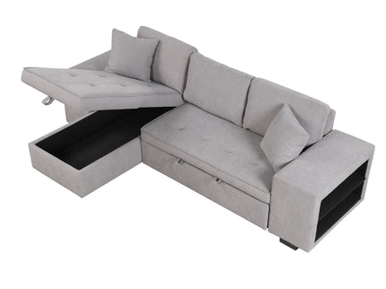 Modern L-Shape 3 Seat Reversible Sectional Couch, Pull Out Sleeper Sofa With Storage Chaise And 2 Stools For Living Room Furniture Set