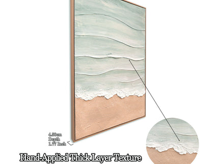 Framed Beach Wall Art, Textured Canvas Painting, Neutral Ocean Decor For Living Room - Beige / Blue
