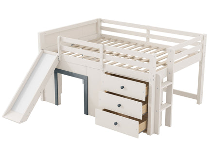 Modern Low Loft Bed With Slide, 3 Storage Drawers, And 2 Doors