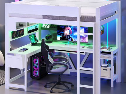 Gaming Loft Bed With Desk, Storage Shelves, LED And Charging Station